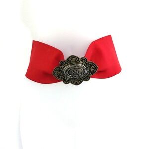 VTG Belt M Waist Cinch Wide Red Elastic Stretch Heavy Metal Buckle Punk Goth